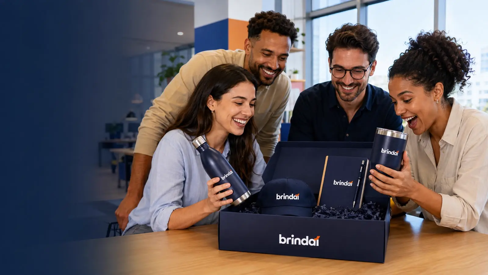 Kit de brindes corporativos Brindaí sendo aberto