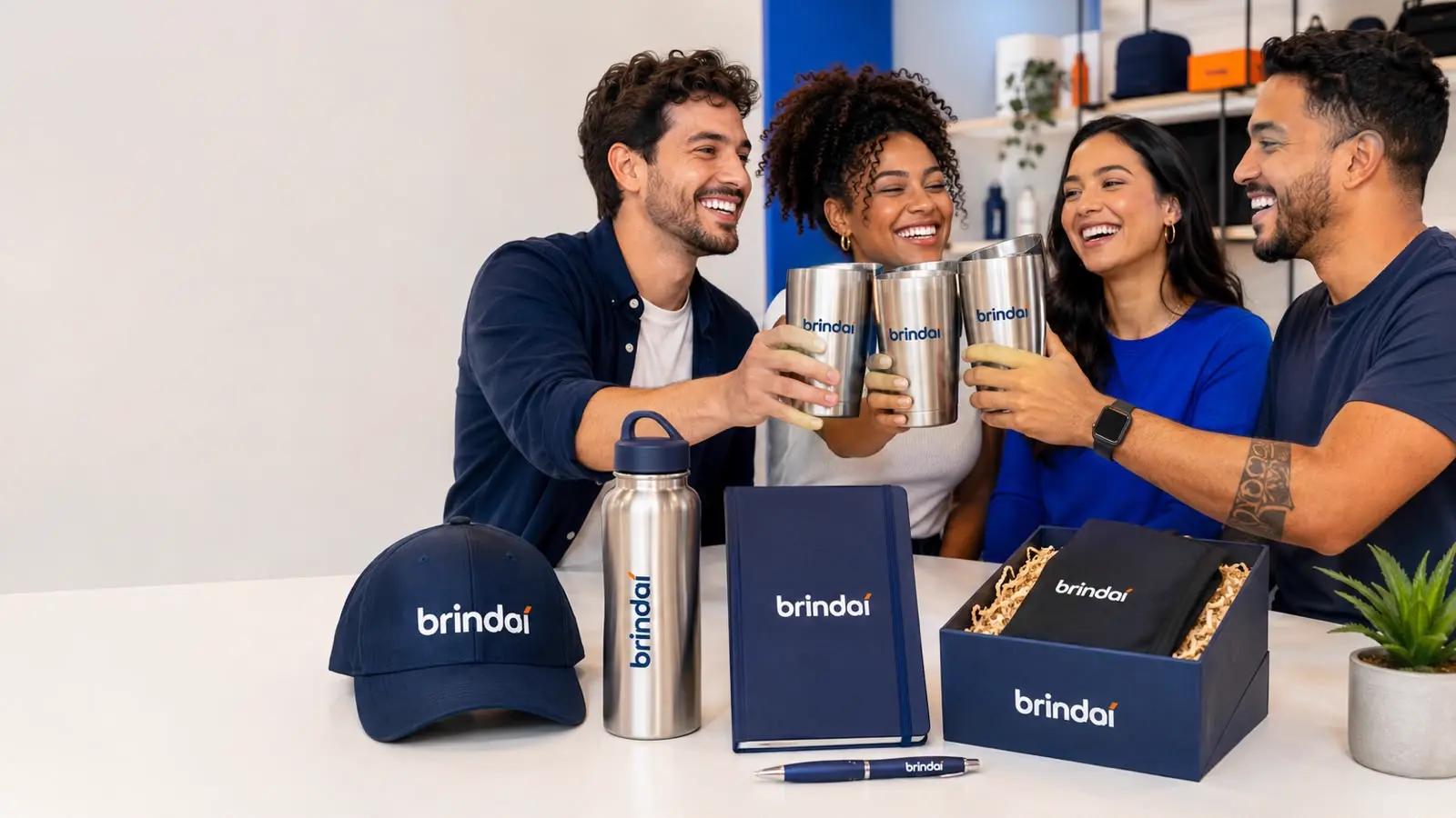Grupo brindando com copos personalizados Brindaí